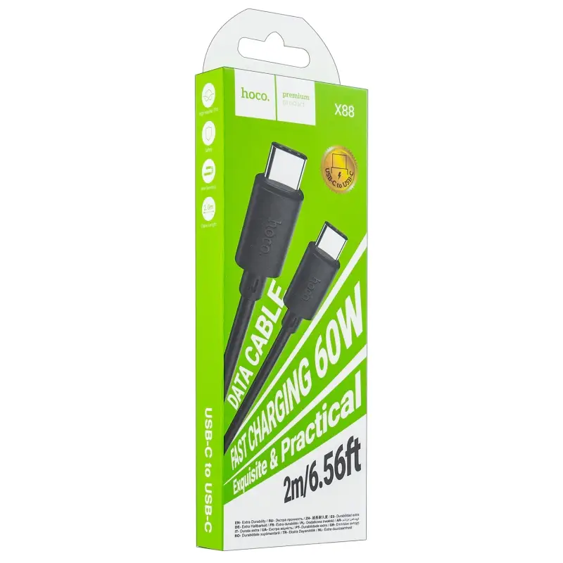 Кабель X88 Type-C на Type-C 2m 60W HOCO черный