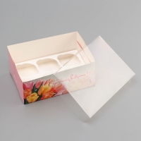 Коробка для 6 капкейков с прозрачной крышкой, "С праздником 8 марта", 23 &times; 16 &times; 10 см, кондитерская упаковка