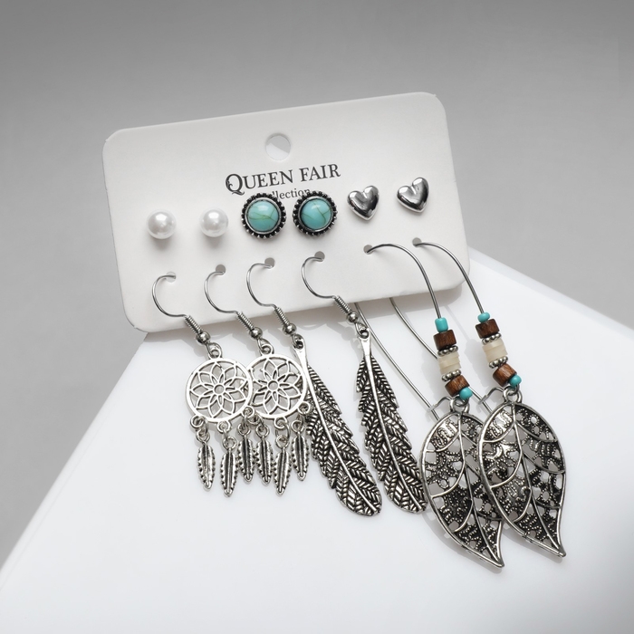 Серьги набор 6 пар &laquo;Хиппи&raquo; ловец снов, цветные в чернёном серебре