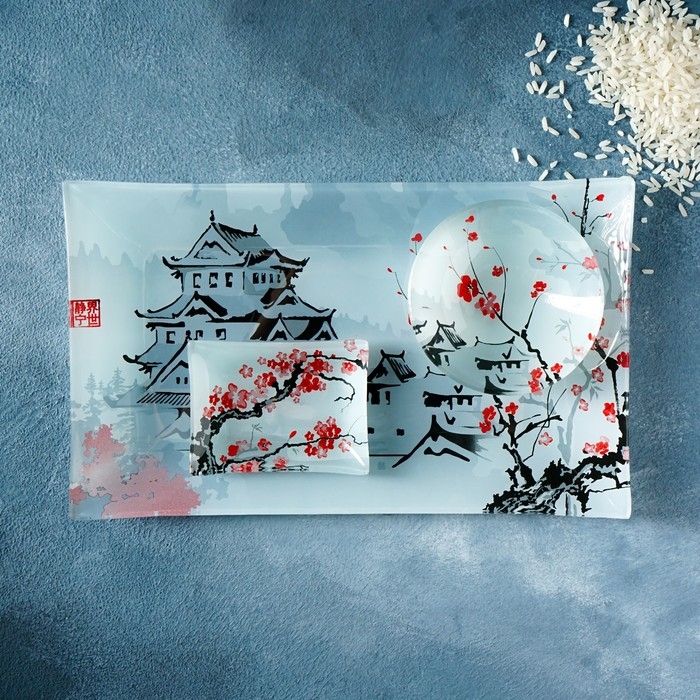 Набор для суши из стекла Доляна &laquo;Пагода&raquo;, 3 предмета: соусники 8&times;2 см, 8&times;6 см, подставка 25&times;15&times;2 см