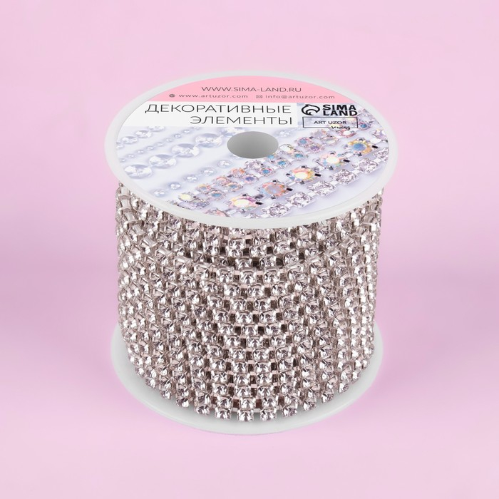 Цепь со стразами, металл, стекло, 3,5 мм, 9 &plusmn; 1 м, цвет серебряный