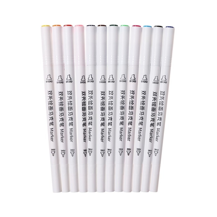 Набор маркеров, 12 цветов, двусторонние, пулевидный и скошенный наконечники