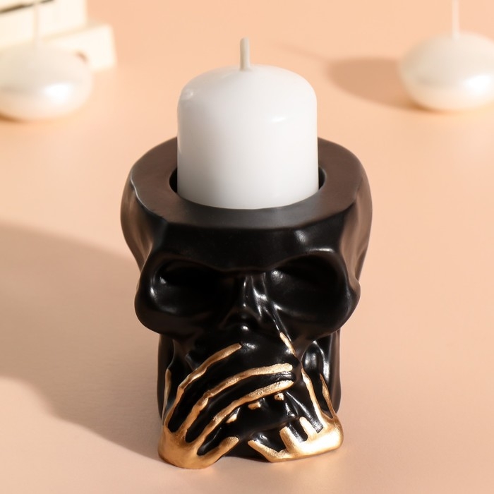 Подсвечник Подсвечник "Череп Безмолвие" 7*10см черный с золотыми пальцами