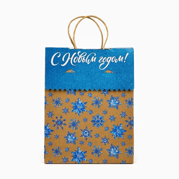 Пакет с клапаном &laquo;Снежинки&raquo;, крафт, глиттер, 19.5 х 10 х 25 см
