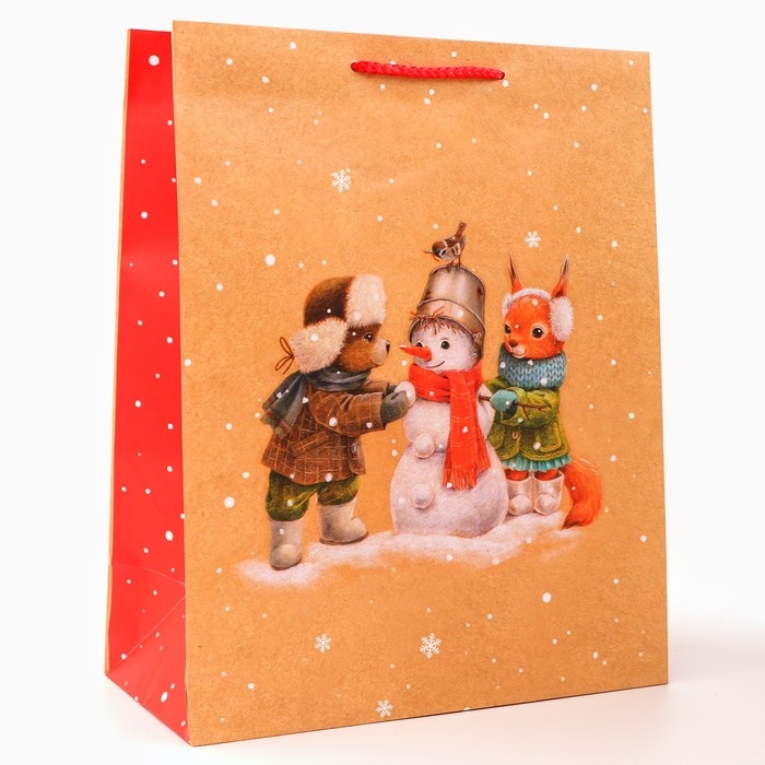 Новый год. Пакет подарочный "Зверята у снеговика", 26 х 32 х 12 см.