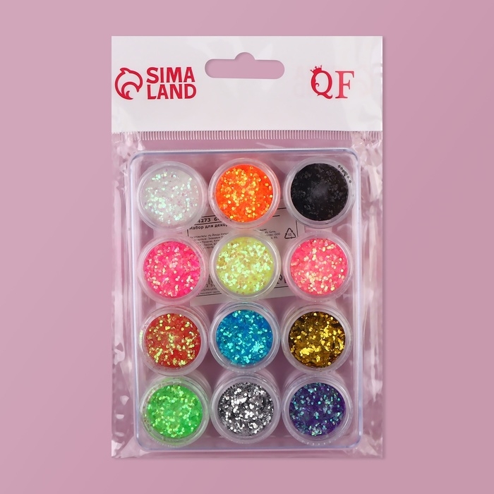 Блёстки для декора ногтей, крупные, набор 12 баночек, в пластиковом органайзере, разноцветные Блёстки для декора ногтей, крупные, набор 12 баночек, в пластиковом органайзере, разноцветные