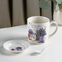 Кружка керамическая с ложкой на подставке &laquo;Лаванда&raquo;, 330 мл, рисунок МИКС
