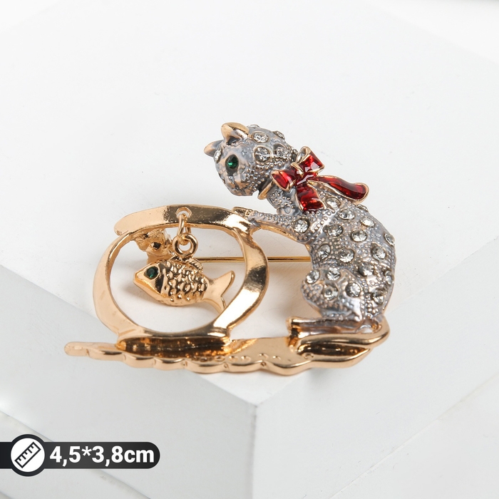 Брошь &laquo;Кошка&raquo; с аквариумом, цвет серо-красный в золоте