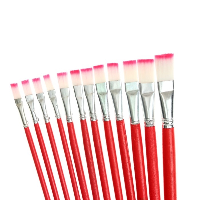 Набор кистей нейлон, плоские, 12 штук (№1, 2, 3, 4, 5, 6, 7, 8, 9, 10, 11, 12) с деревянными ручками