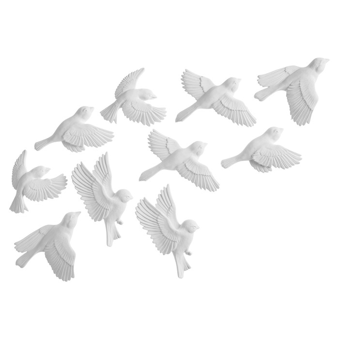 Декорация настенная, гипсовое панно "Птицы" 10 шт, белые