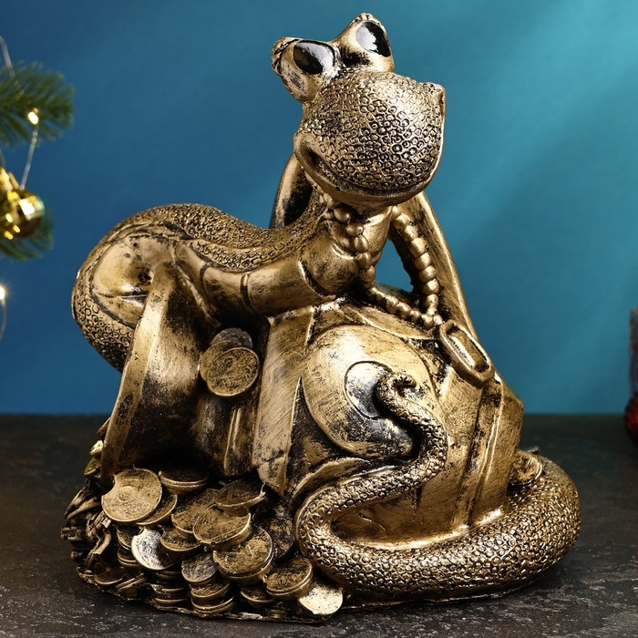 Копилка "Змея на кувшине" черное золото, 23х25х18см