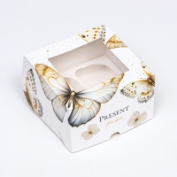 Коробка для 4 капкейков с окном , "Бабочки", 16 х 16 х 10 см