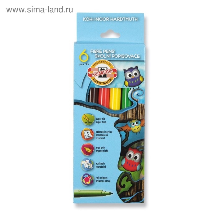 Фломастеры 6 цветов Koh-I-Noor 1012/06 "Совы", картонная упаковка, европодвес