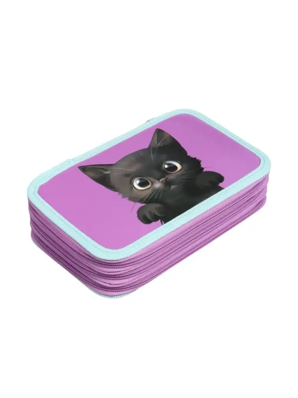 Пенал 3 секции, 125 х 205 х 55 мм, Calligrata 30П26/3 "Кот чёрный", ламинированный картон