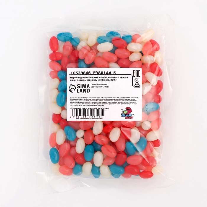 Мармелад жевательный Мармелад жевательный "Бобы желе" со вкусом личи, персик, черника, клубника, 300 г