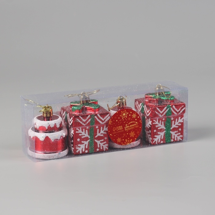 Набор украшений пластик 4 шт "Карнавальный" (2 тортика, 2 подарка) 7х5 см, красный