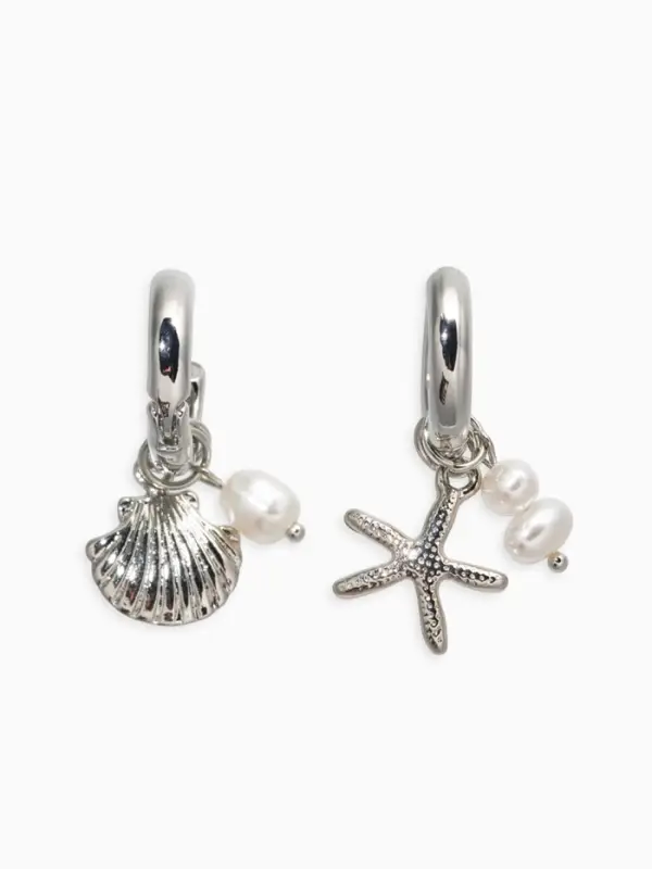 Серьги жемчуг "Ракушка со звездой", цвет белый в серебре