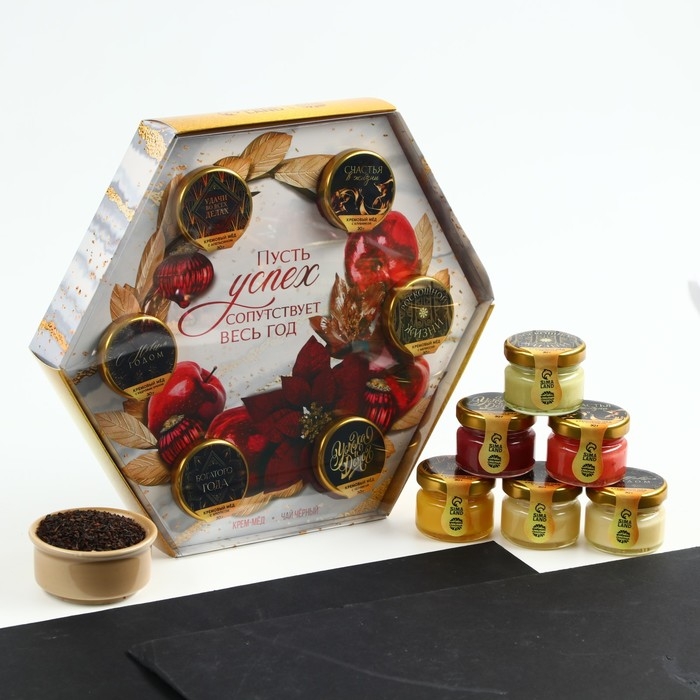 Подарочный набор &laquo;Новогодняя роскошь&raquo;: чай чёрный 50 г., крем-мёд 6 шт. x 30 г.