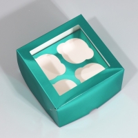 Коробка для капкейков, кондитерская упаковка с окном, 4 ячейки &laquo;Голубая&raquo;, 16 х 16 х 10 см