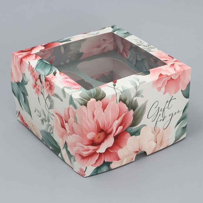 Коробка для капкейков, кондитерская упаковка двухсторонняя, 4 ячейки &laquo;Пионы&raquo; 16 х 16 х 10 см