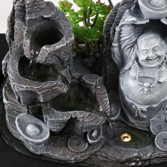 Фонтан настольный от сети, подсветка Фонтан настольный от сети, подсветка "Хотей со слитком в каменном городе" 29х21х26 см