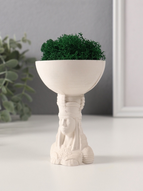 Кашпо бетонное "Египтянка" высота 10см, диаметр 7см белый со мхом (мох зелеый стабилиз)