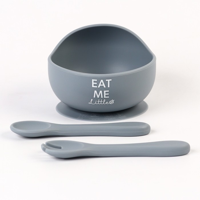 Тарелка детская на присоске и столовые приборы M&B, силикон, серый
