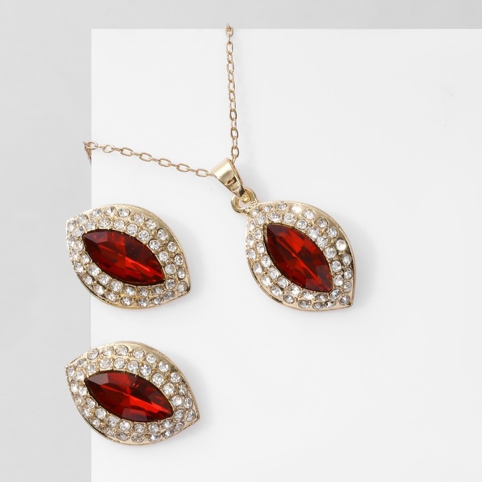 Гарнитур 2 предмета: серьги, кулон &laquo;Эдель&raquo; трио миндаль, цвет красно-белый в золоте, 50 см