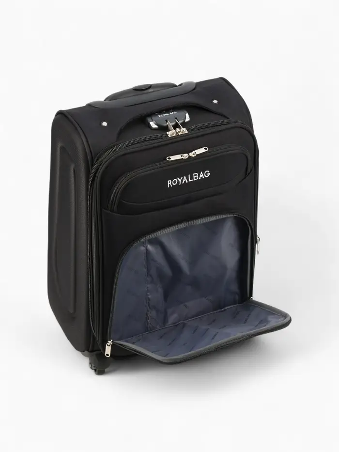 Чемодан 20", Текст, 37*23*55, отд на молнии, 2 нар/карм, увелич, код замок, 4 колеса, черный   10872