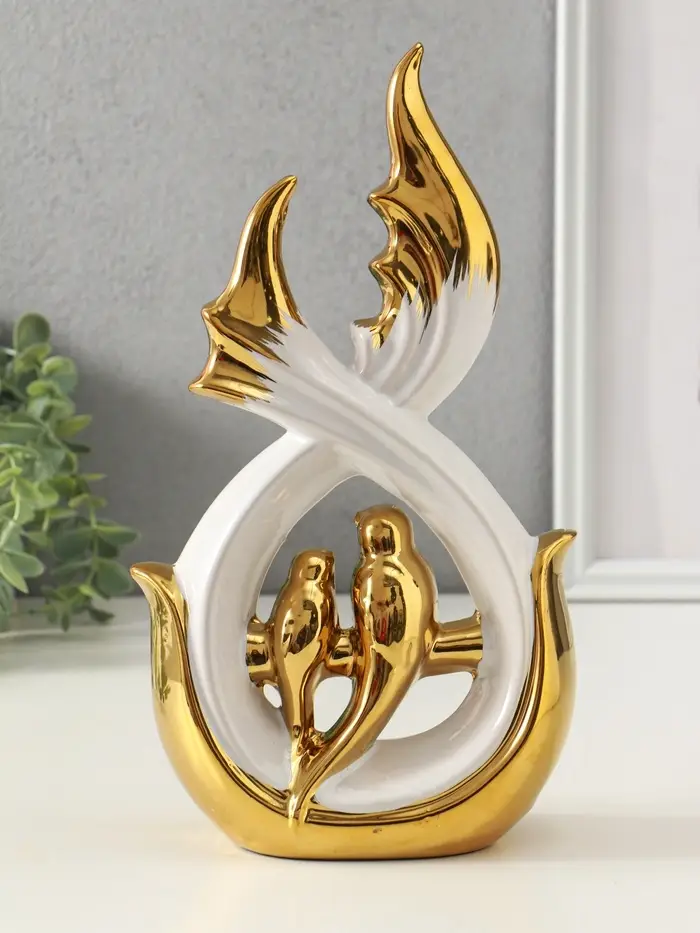 Сувенир керамика "Две птички на ветке" белый с золотом 7х15,5х29,5 см