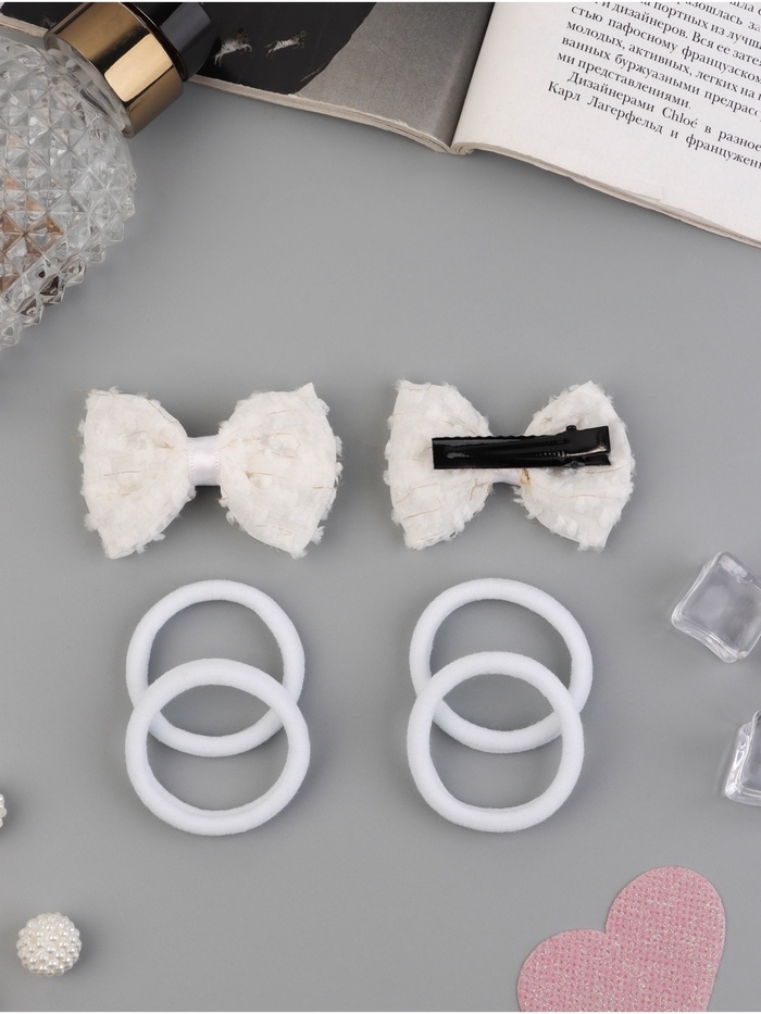 Набор для волос "Школьница галант" (4 резинки 3,5 см, 2 зажима 5,5 см) облачко, белый