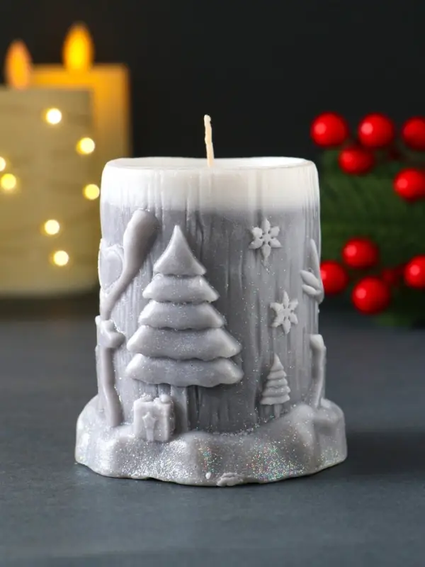 Свеча новогодняя столбик "Сказочный лес" 75х82 мм, серый