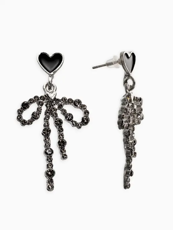 Серьги "Бантики с сердечками", цвет чёрно-серый в серебре