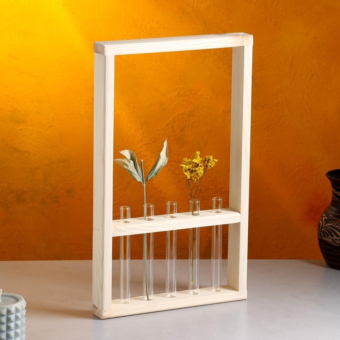 Кашпо деревянное 25х40х4,5 см с 5 колбами Кашпо деревянное 25х40х4,5 см с 5 колбами "Рамка Экстра", натуральный Дарим Красиво