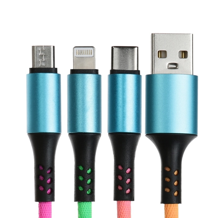 Кабель брелок 3 в 1, MicroUSB/Type-C/Lightning - USB, 2.4 А, разноцветный Кабель брелок 3 в 1, MicroUSB/Type-C/Lightning - USB, 2.4 А, разноцветный