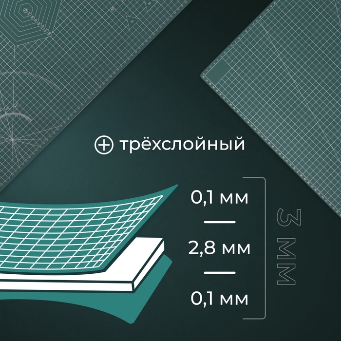 Мат для резки, трёхслойный, 90 &times; 60 см, А1, цвет зелёный