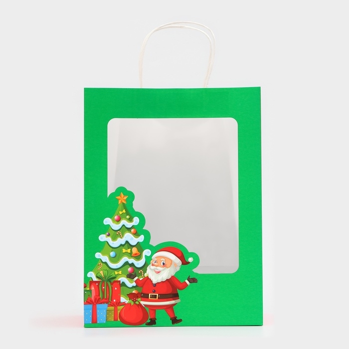 Пакет подарочный новогодний с окном "Дед Мороз" 26 х 35 х 16 см.