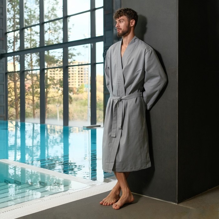 Халат вафельный мужской удлинённый Экономь и Я размер 54-56, цвет серый, 100% хлопок, 200г/м2 Халат вафельный мужской удлинённый Экономь и Я размер 54-56, цвет серый, 100% хлопок, 200г/м2