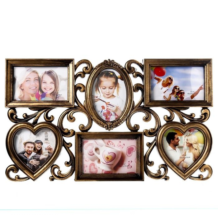 Фоторамка пластик на 6 фото 10х15, 10х10 см "Завитки" золото 31,5х53 см