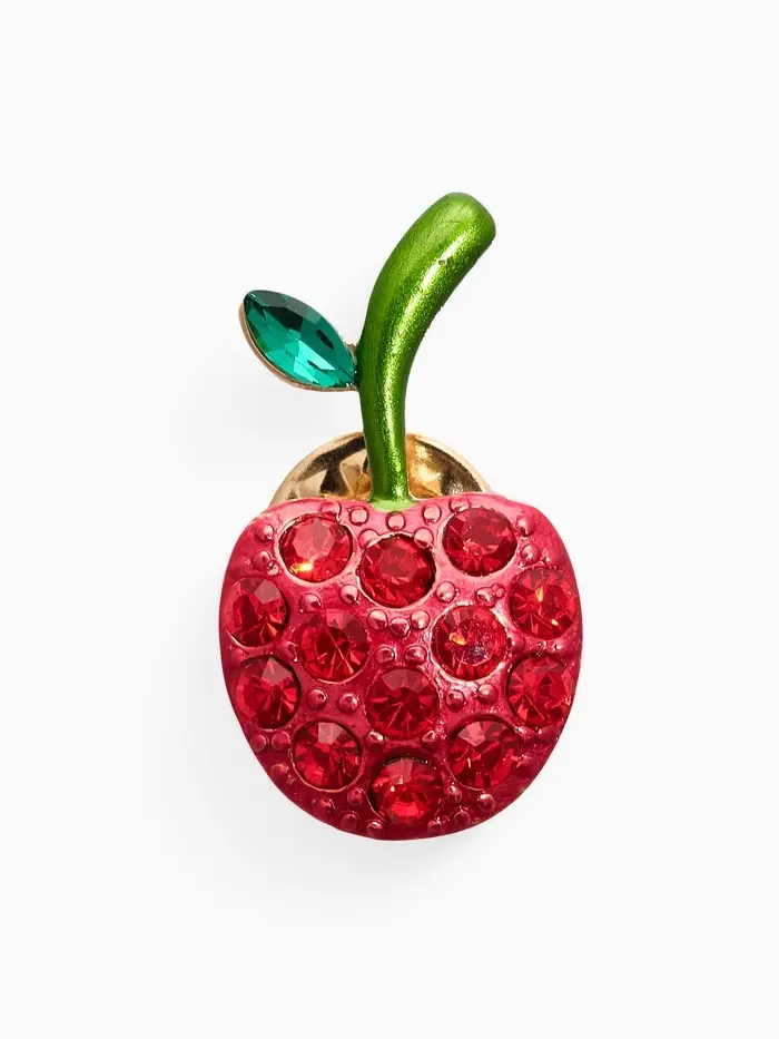Брошь "Вишня стразинка", цвет красно-зелёный в золоте