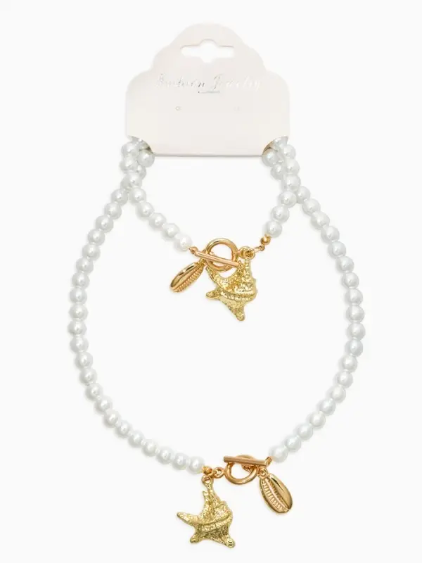 Набор 2 пред-та: бусы.браслет "Жемчуг", ракушка, цвет белый в золоте L=18/42см №8