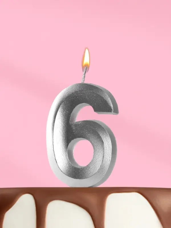 Свеча в торт &laquo;Цифра 6&raquo;, серебряная, 6.5 см