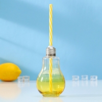 Бокал стеклянный для коктейля Доляна &laquo;Лампочка&raquo;, 250 мл, с трубочкой, откручивающаяся крышка, цвет МИКС