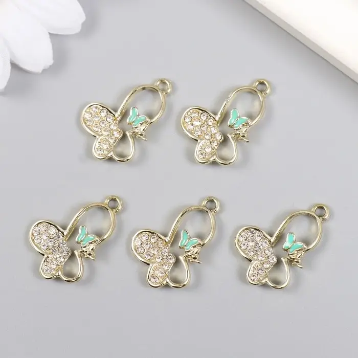 Декор для творчества металл, эмаль, стразы "Бабочка с бабочкой" золото 1,7х2,5 см