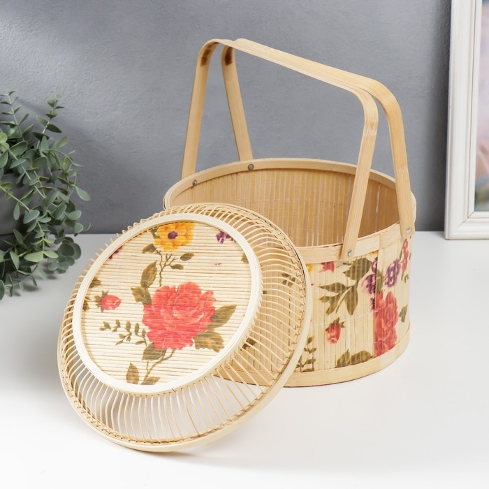 Шкатулка бамбук "Сад с пионами" ажур, с ручками 19х26х26 см