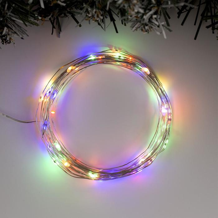 Гирлянда &laquo;Нить&raquo; 5 м роса, IP20, серебристая нить, 50 LED, 2 режима, батарейки AAх3 (нет в комплекте), свечение тёплое белое / мульти