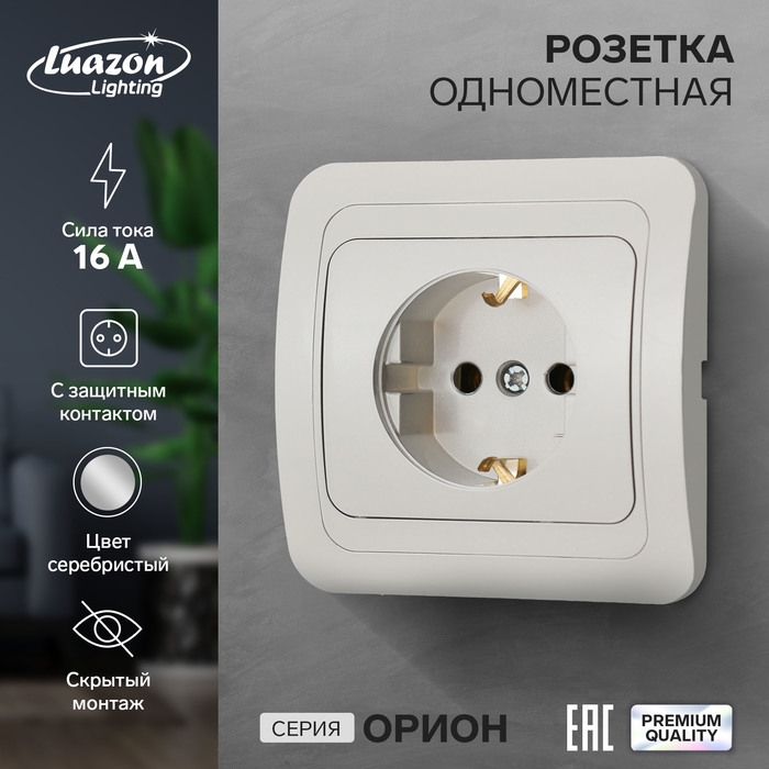 Розетка одноместная Luazon Lighting "Орион", 16 А, скрытая, с з/к, серебристая