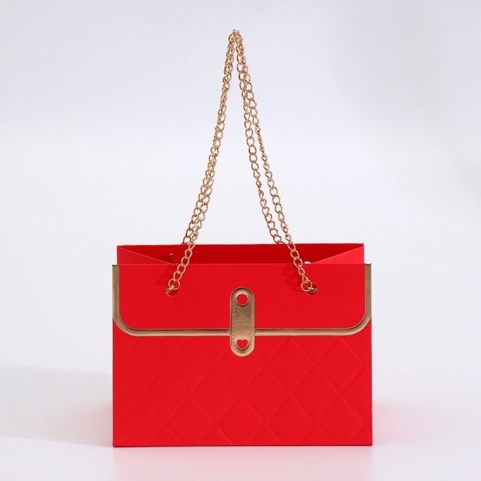 Пакет для цветов, ручка цепь, Пакет для цветов, ручка цепь, "Красный", с золотым тиснением, 15 х 10,5 х 10 см