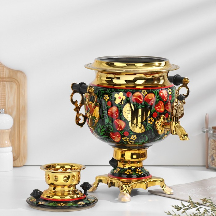 Набор &laquo;Хохлома&raquo;, овал, 3 предмета, самовар 3 л, заварочный чайник 0,7 л, поднос