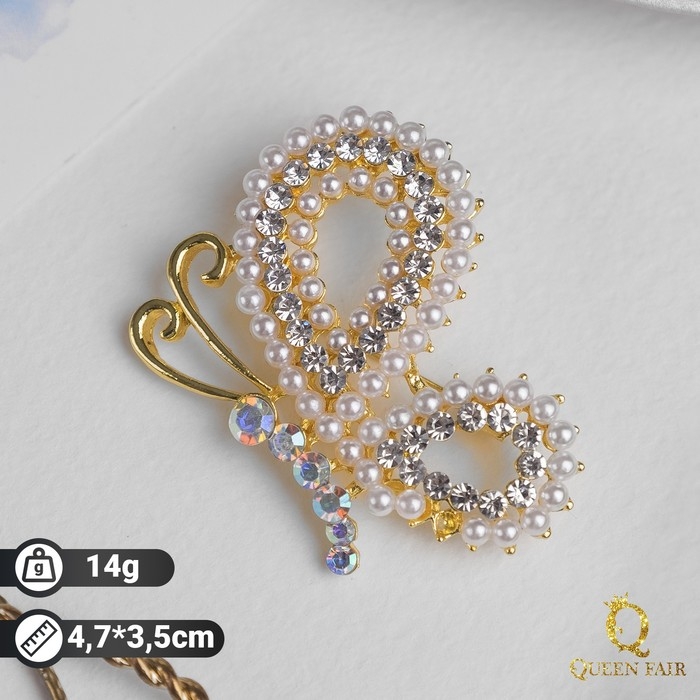 Брошь &laquo;Бабочка&raquo; жемчужная, цвет белый в жёлтом золоте